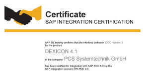 PCS Systemtechnik erhält die SAP-Rezertifizierung für die HR-PDC Schnittstelle von DEXICON Enterprise für Zeiterfassung und Zutrittskontrolle zu SAP ERP. PCS_SAP_Certificate_300dpi-300x143 PCS Systemtechnik erhält die SAP-Rezertifizierung für die HR-PDC Schnittstelle von DEXICON Enterprise für Zeiterfassung und Zutrittskontrolle zu SAP ERP.