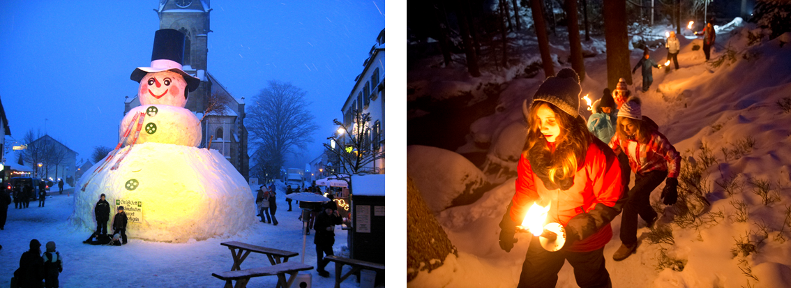Links: Schneemann Jakob ©Kur- und Tourist Information Bischofsgrün, Rechts: Fackelwanderung ©Tourismuszentrale Fichtelgebirge Andreas Hub