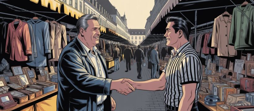 zwei Männer schütteln sich auf einem Flohmarkt die Hände und lächeln sich an, Comic-Stil; Detektei in Bamberg, Detektiv in Bamberg, Privatdetektiv in Bamberg, Detektivagentur in Bamberg