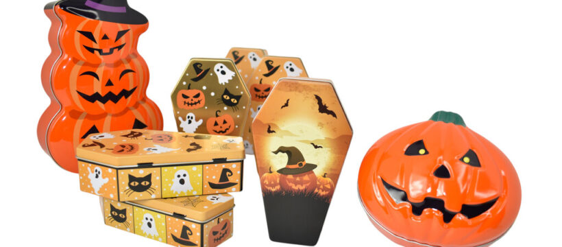 Gruselige Party-Deko oder Geschenkboxen für Süßes oder Saures: Halloween Dosen in klassischer Kürbisform, oder als schaurige Sargdosen