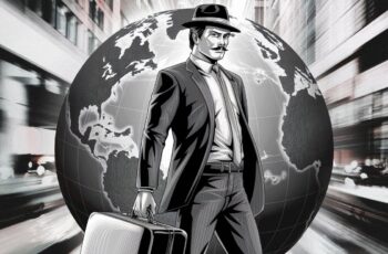 Klassisch gekleideter Detektiv mit Hut und Koffer vor Erdkugel; Detektiv für das Ausland, Auslandsdetektiv, Privatdetektiv für internationale Einsätze