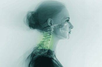 Darstellung einer Frau im Profil mit durchscheinendem Schädel- und Halswirbelsäulenbereich, symbolisch für die Verbindung zwischen Kiefergelenk, Körperhaltung und Nervensystem bei Dental Balance Control im Zahnzentrum Kronberg