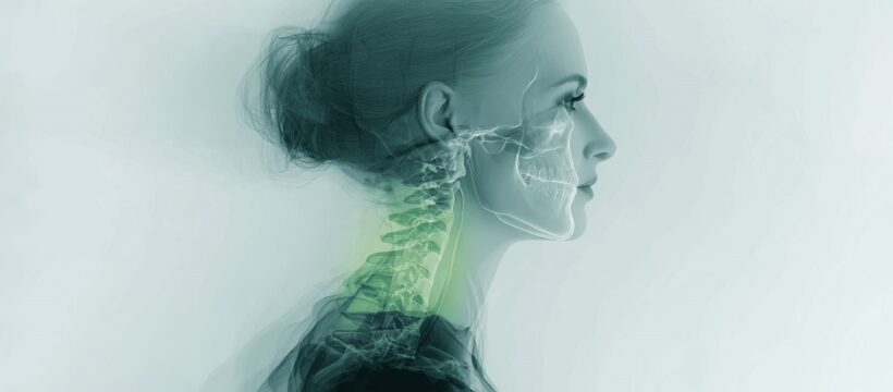 Darstellung einer Frau im Profil mit durchscheinendem Schädel- und Halswirbelsäulenbereich, symbolisch für die Verbindung zwischen Kiefergelenk, Körperhaltung und Nervensystem bei Dental Balance Control im Zahnzentrum Kronberg