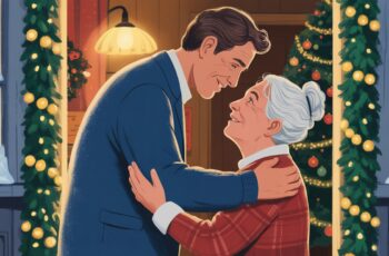 Illustration von Mutter und Sohn bei der Begrüßung vor einem Weihnachtsbaum; Privatdetektei Berlin, Privatdetektiv Berlin, Detektei Irland, Detektiv Irland