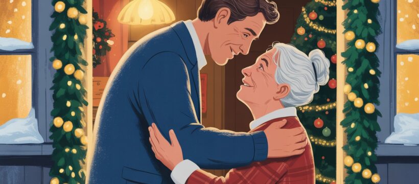 Illustration von Mutter und Sohn bei der Begrüßung vor einem Weihnachtsbaum; Privatdetektei Berlin, Privatdetektiv Berlin, Detektei Irland, Detektiv Irland