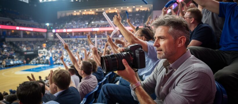 Detektiv mit Kamera in Basketball-Arena; Hamburg Wirtschaftsdetektei, Hamburg Detektivteam, Hamburg Wirtschaftsdetektiv, Hamburg Wirtschaftsermittler